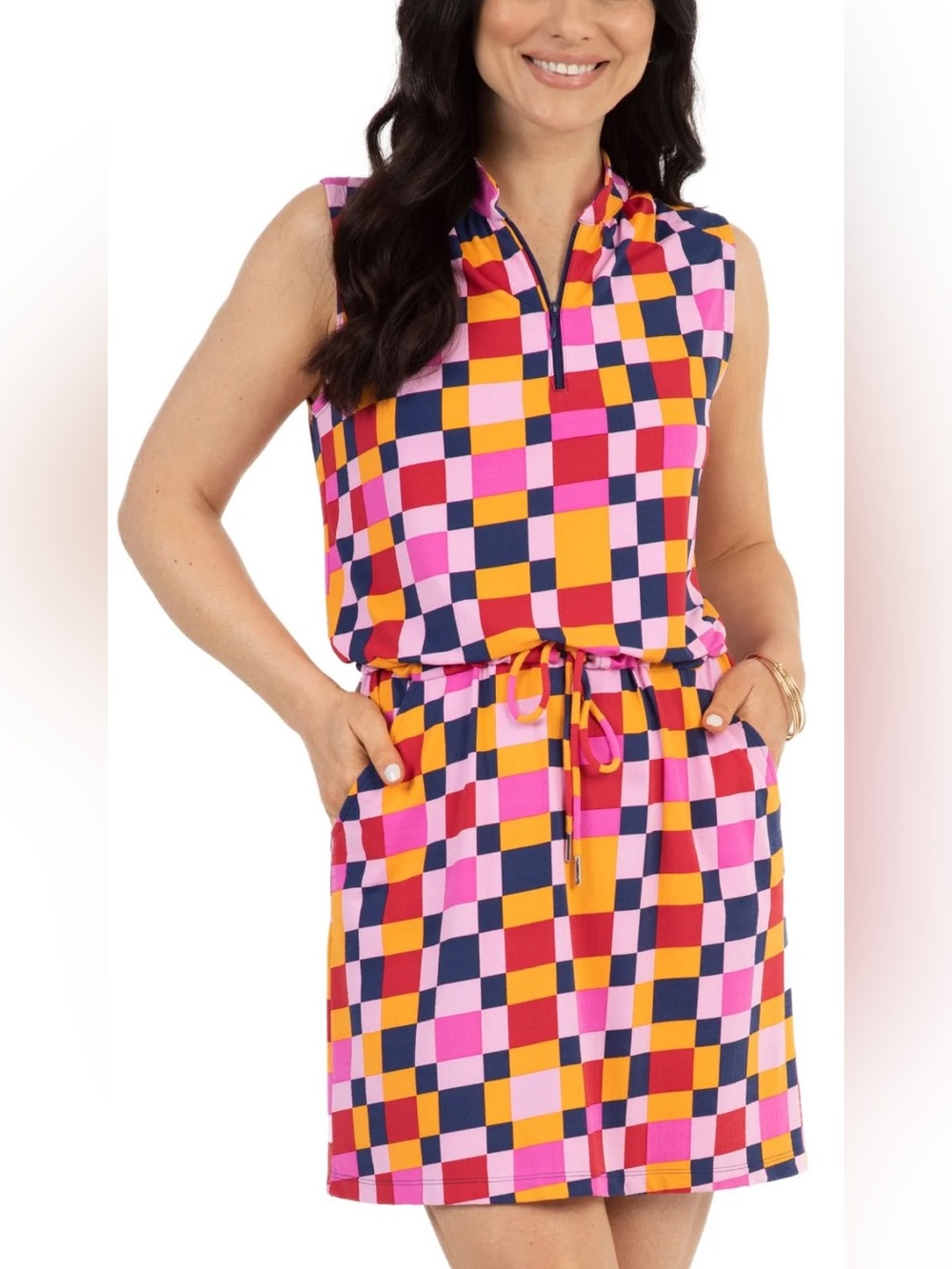 IBKUL Sleeveless Checkerboard Golf Dress in Pink, Orange & Navy